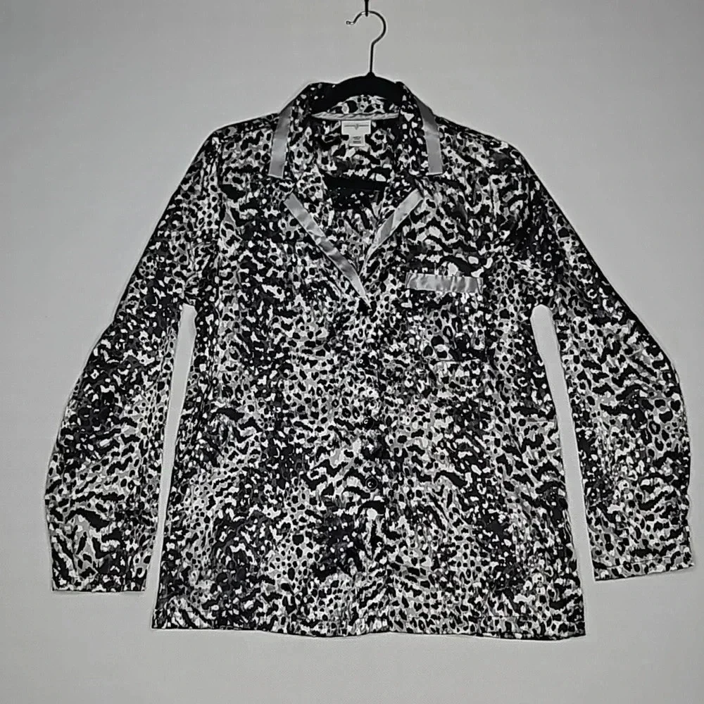 Jaclyn Smith Animal Print Pajama Silky Blouse‎ Black White Gray Women's Medium